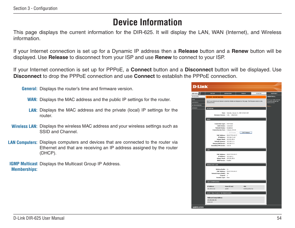 Device information | D-Link DIR-625 User Manual | Page 54 / 94