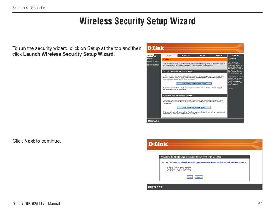 Wireless security setup wizard | D-Link DIR-625 User Manual | Page 60 / 94