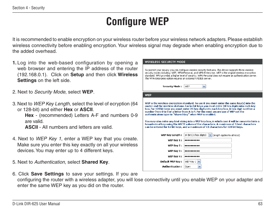 Configure wep | D-Link DIR-625 User Manual | Page 63 / 94