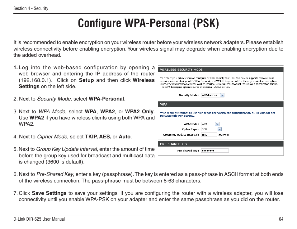 Configure wpa-personal (psk) | D-Link DIR-625 User Manual | Page 64 / 94