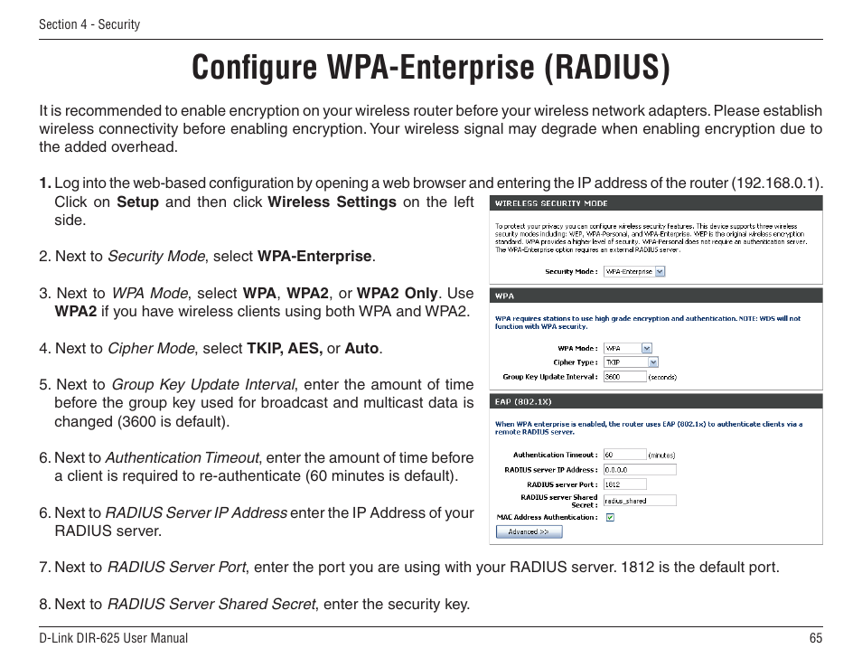 Configure wpa-enterprise (radius) | D-Link DIR-625 User Manual | Page 65 / 94