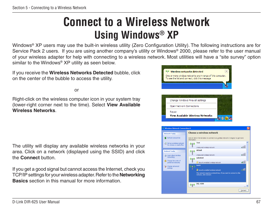 Connect to a wireless network, Using windows | D-Link DIR-625 User Manual | Page 67 / 94