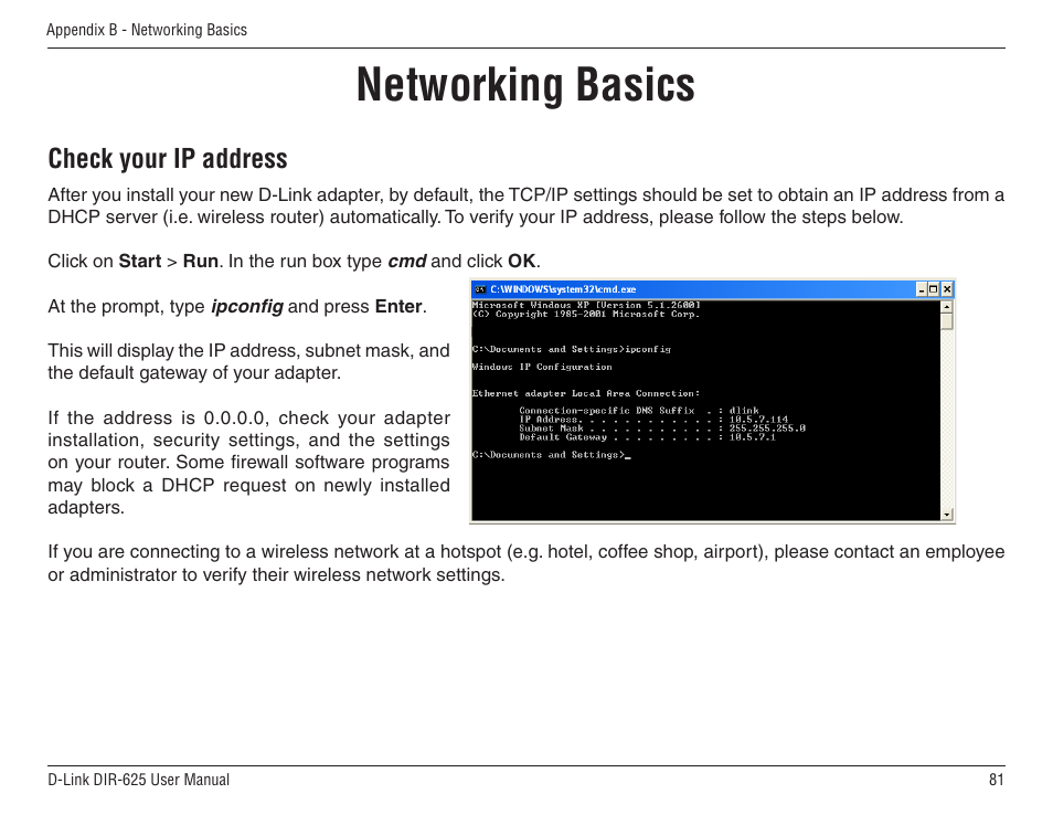 Networking basics, Check your ip address | D-Link DIR-625 User Manual | Page 81 / 94