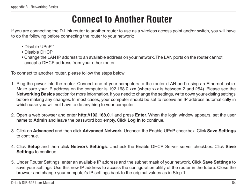 Connect to another router | D-Link DIR-625 User Manual | Page 84 / 94