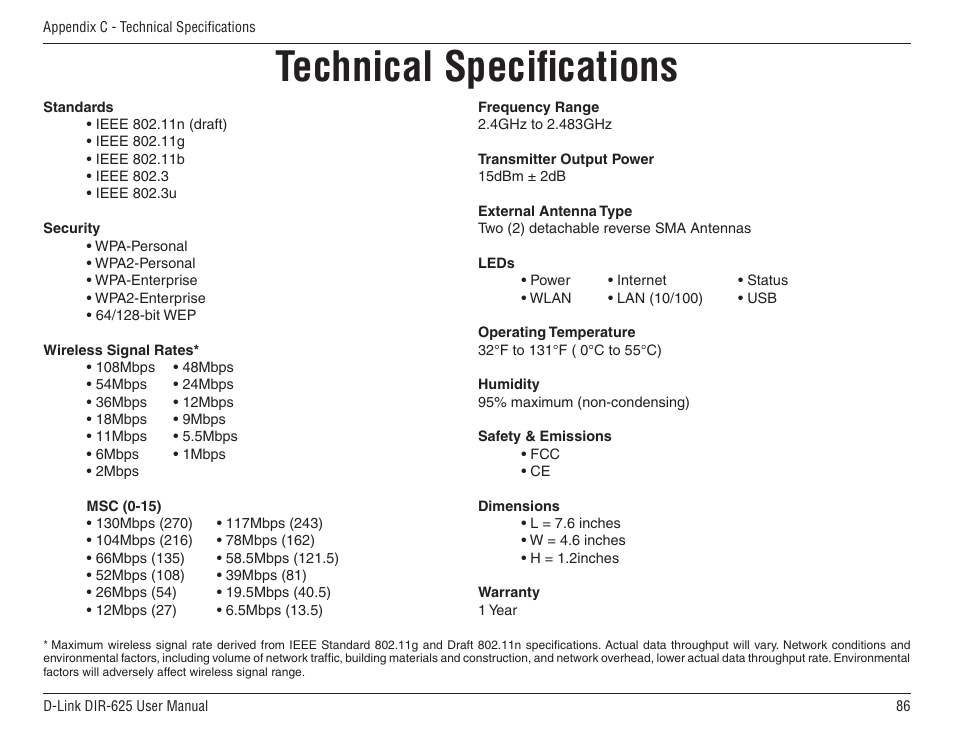 Technical specifications | D-Link DIR-625 User Manual | Page 86 / 94