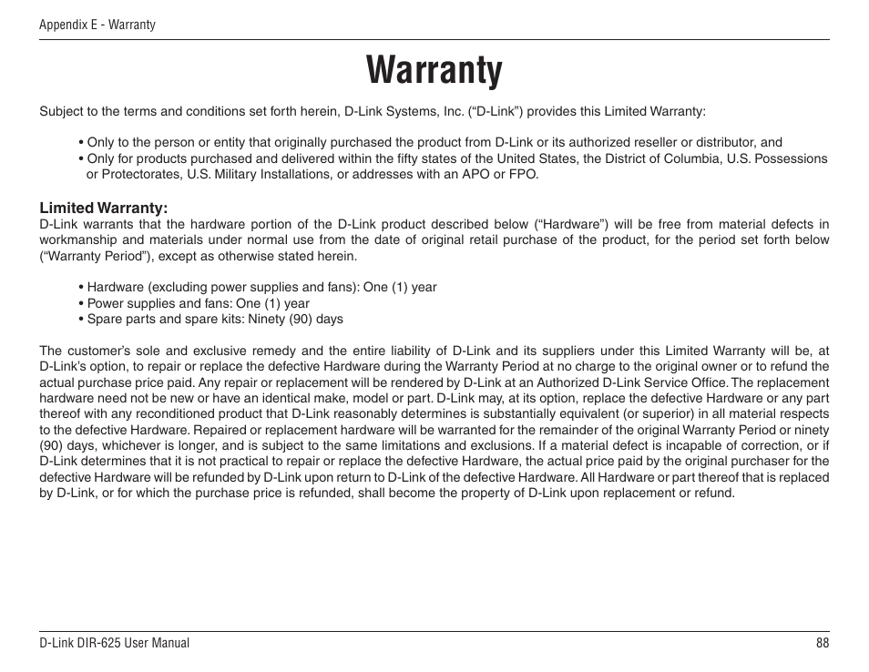 Warranty | D-Link DIR-625 User Manual | Page 88 / 94