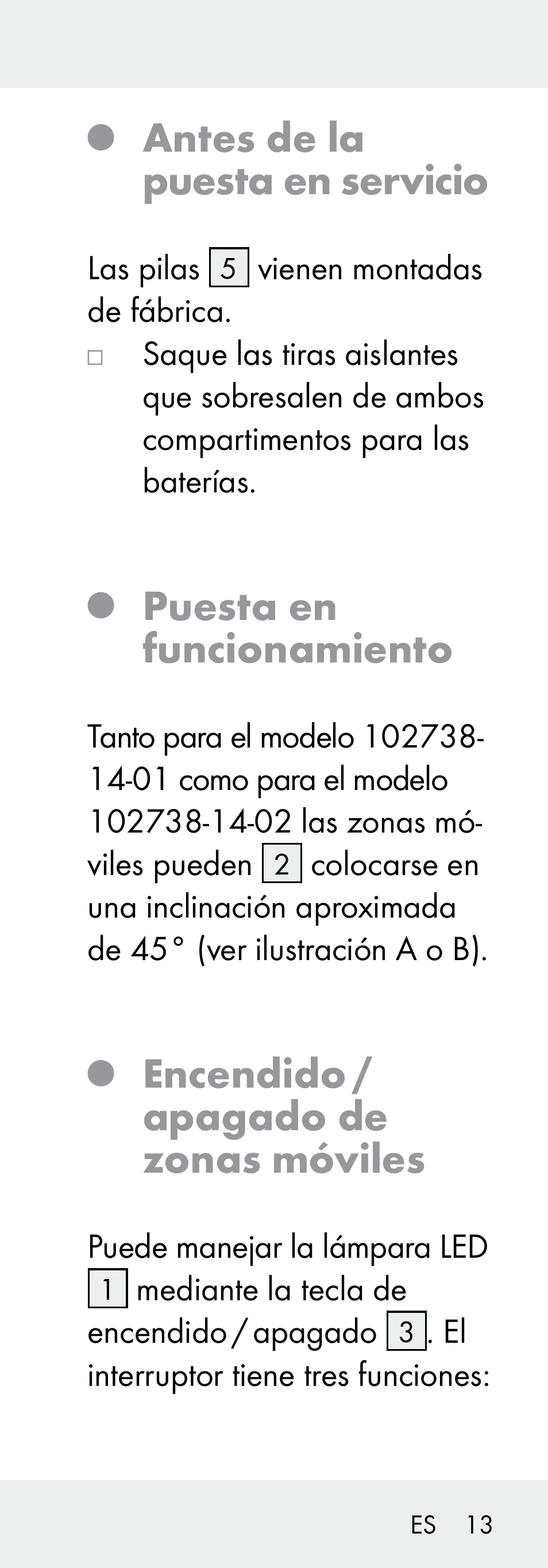 Antes de la puesta en servicio, Puesta en funcionamiento, Encendido / apagado de zonas móviles | Livarno 102738-14-01/ 102738-14-02 User Manual | Page 13 / 78