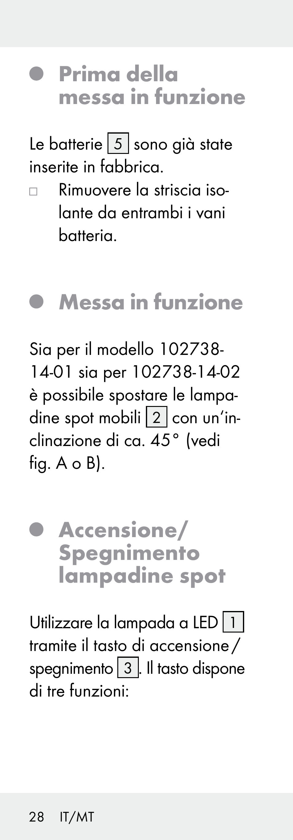 Prima della messa in funzione, Messa in funzione, Accensione/ spegnimento lampadine spot | Livarno 102738-14-01/ 102738-14-02 User Manual | Page 28 / 78