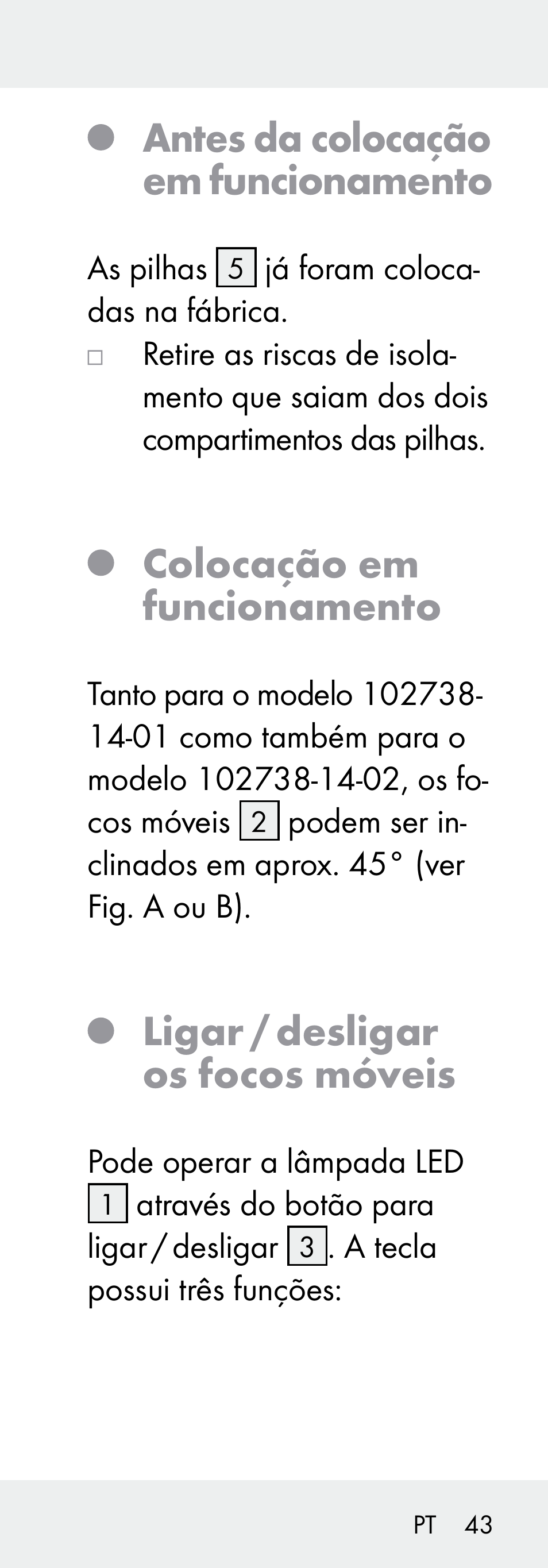 Antes da colocação em funcionamento, Colocação em funcionamento, Ligar / desligar os focos móveis | Livarno 102738-14-01/ 102738-14-02 User Manual | Page 43 / 78