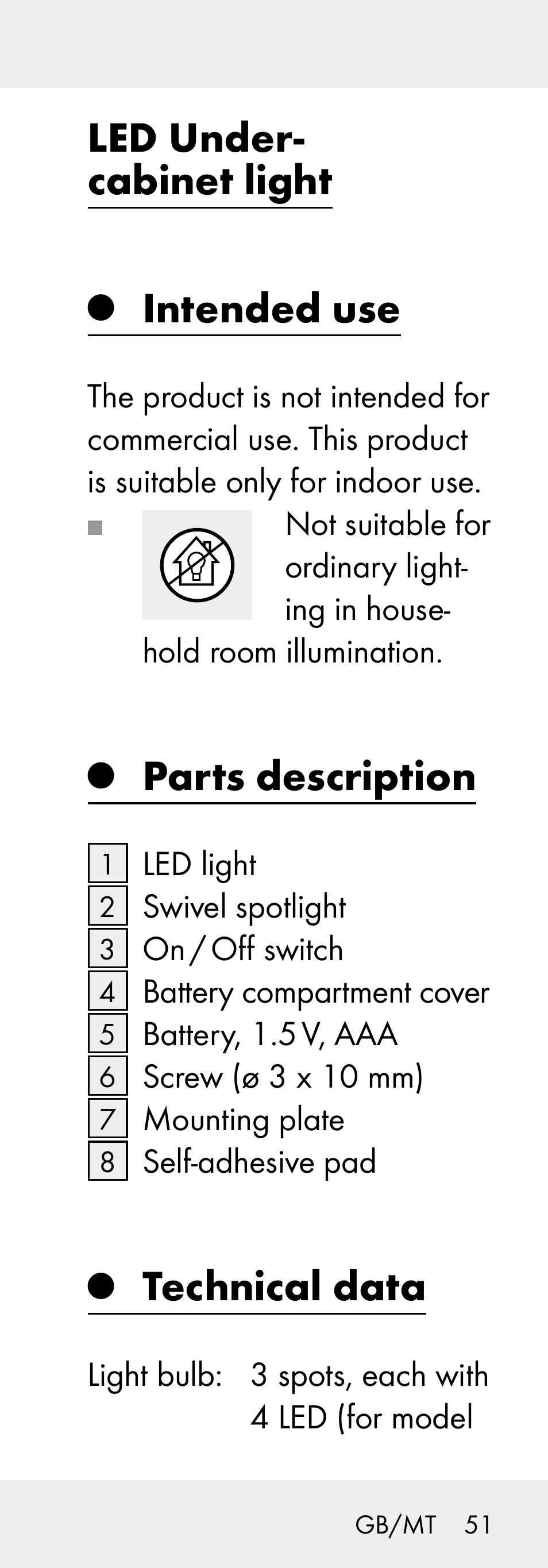 Led under- cabinet light intended use, Parts description, Technical data | Livarno 102738-14-01/ 102738-14-02 User Manual | Page 51 / 78