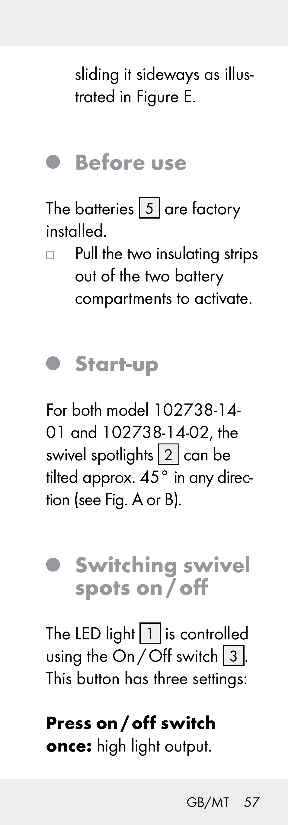 Before use, Start-up, Switching swivel spots on / off | Livarno 102738-14-01/ 102738-14-02 User Manual | Page 57 / 78