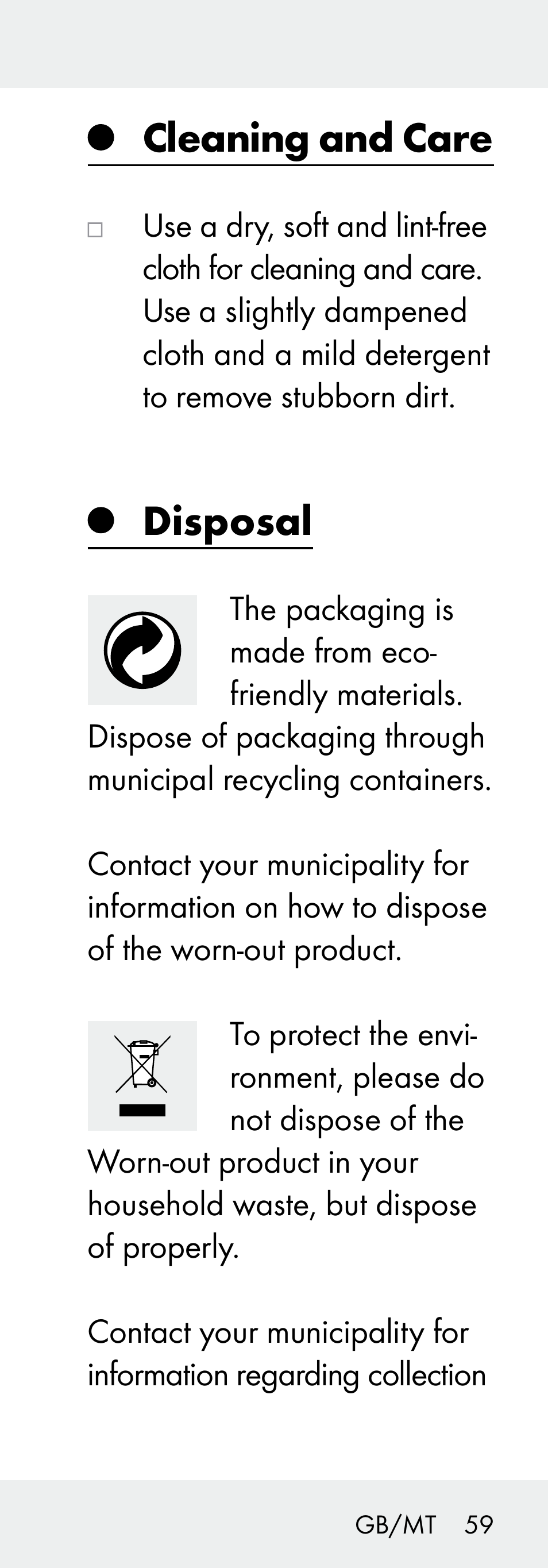 Cleaning and care, Disposal | Livarno 102738-14-01/ 102738-14-02 User Manual | Page 59 / 78