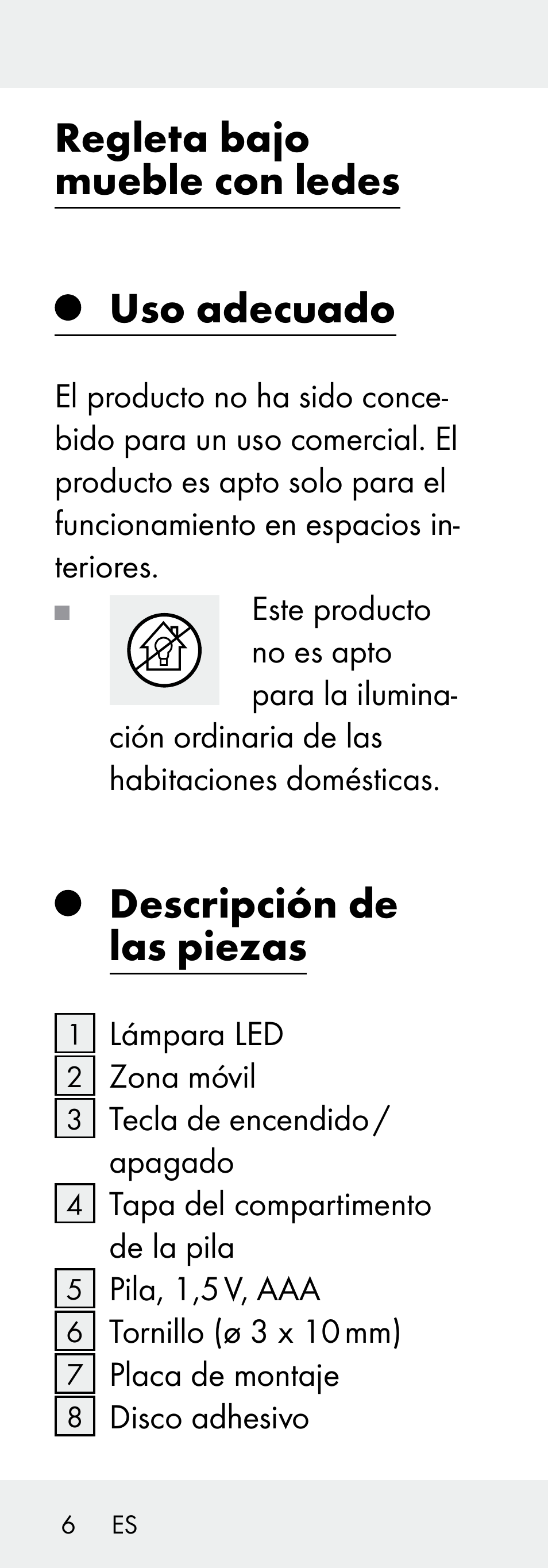 Regleta bajo mueble con ledes uso adecuado, Descripción de las piezas | Livarno 102738-14-01/ 102738-14-02 User Manual | Page 6 / 78