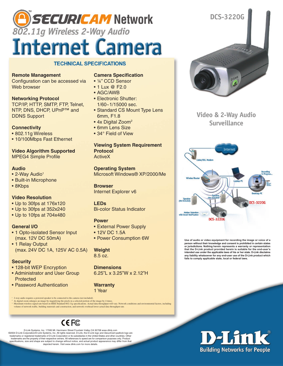 Dcs-3220g, Video & 2-way audio surveillance | D-Link DCS-3220G User Manual | Page 2 / 2