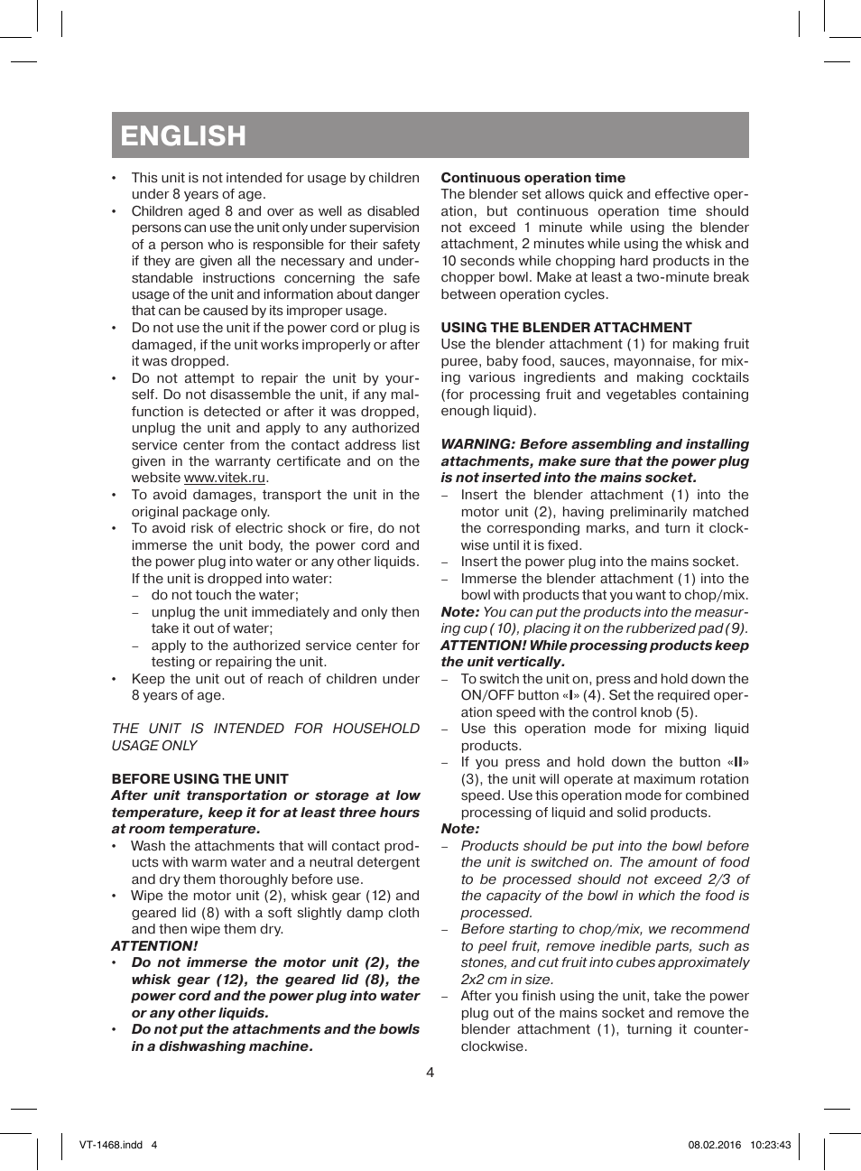 English | Vitek VT-1468 BD User Manual | Page 4 / 28