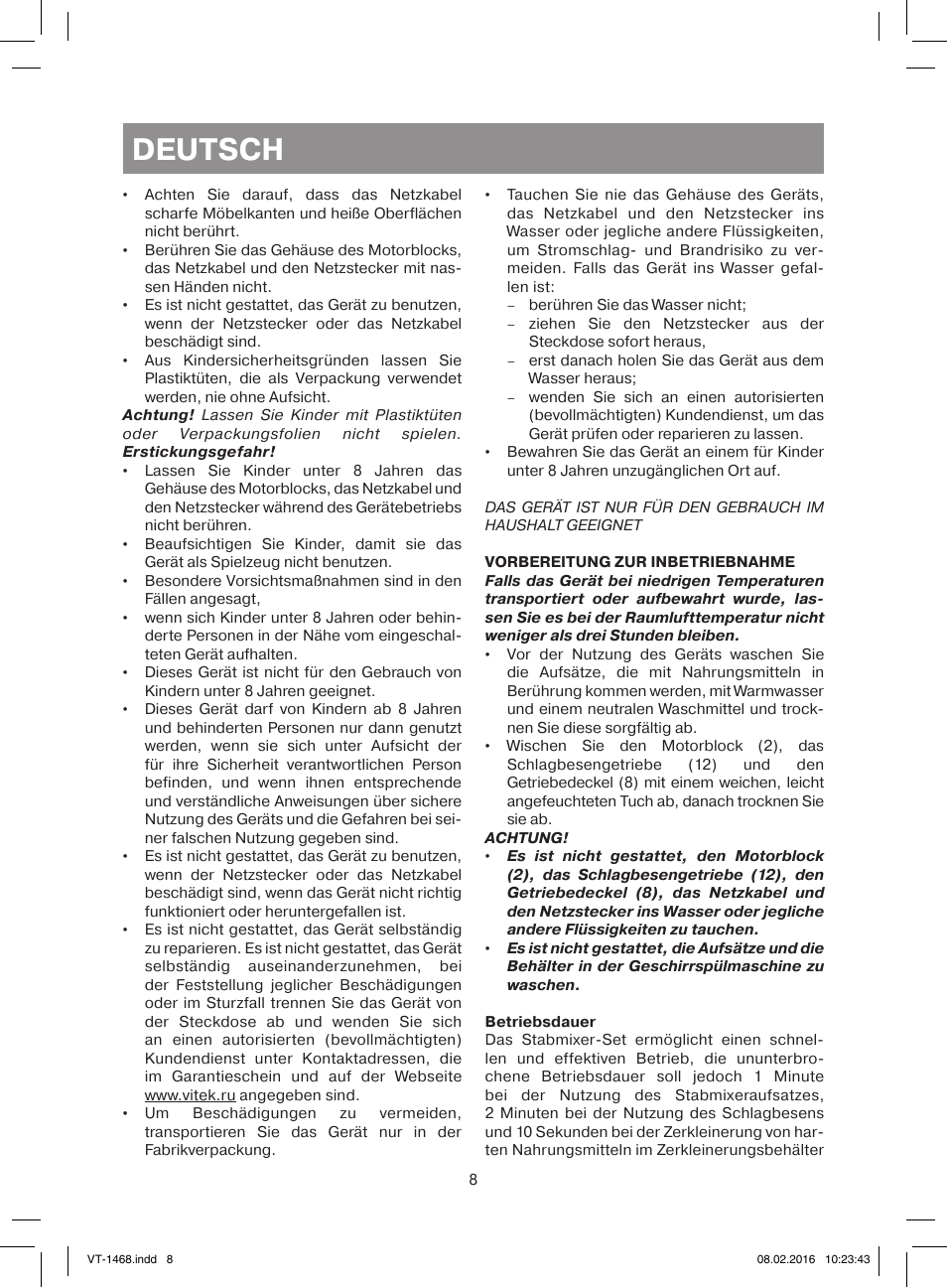 Deutsch | Vitek VT-1468 BD User Manual | Page 8 / 28