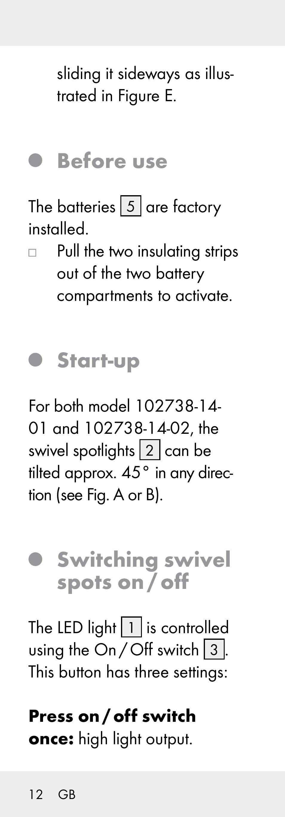 Before use, Start-up, Switching swivel spots on / off | Livarno 102738-14-01/ 102738-14-02 User Manual | Page 12 / 104