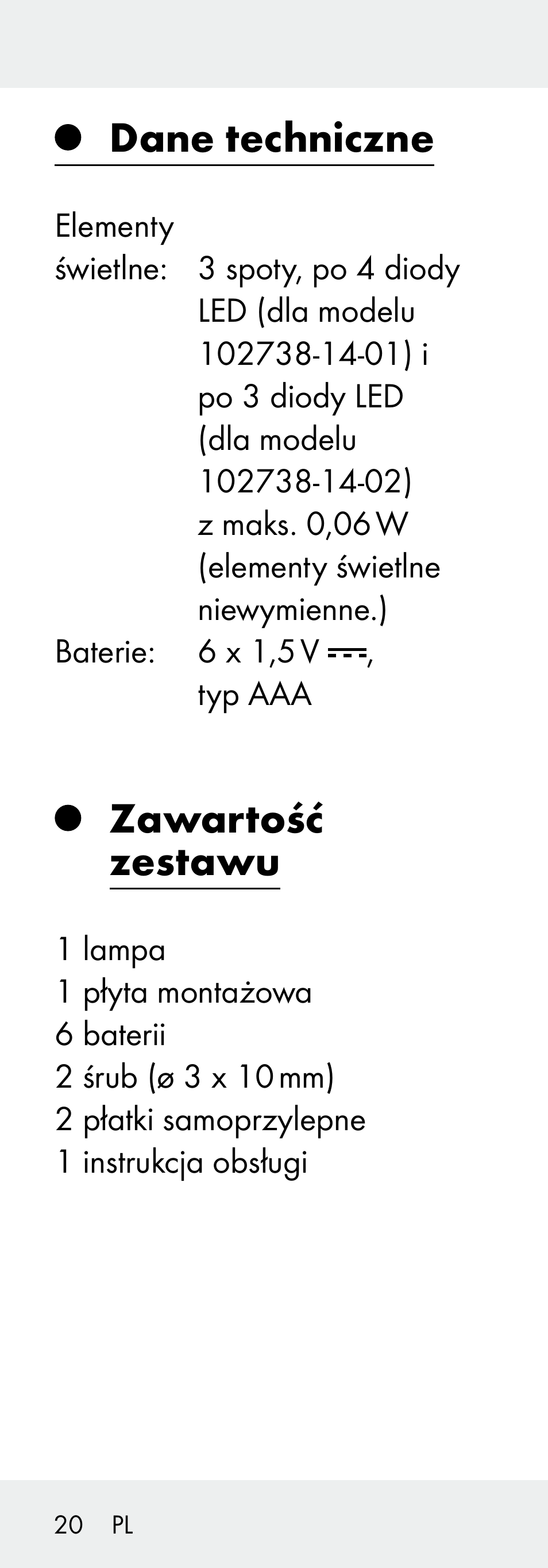 Dane techniczne, Zawartość zestawu | Livarno 102738-14-01/ 102738-14-02 User Manual | Page 20 / 104