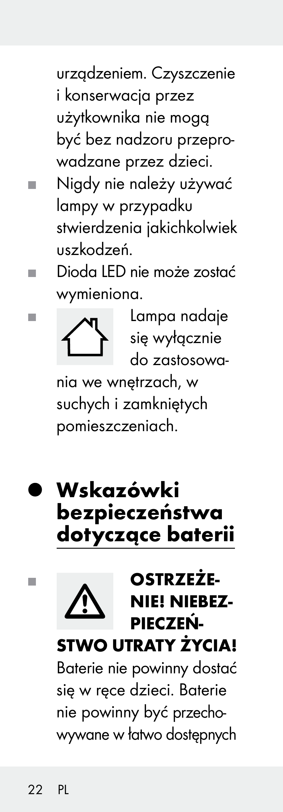 Wskazówki bezpieczeństwa dotyczące baterii | Livarno 102738-14-01/ 102738-14-02 User Manual | Page 22 / 104