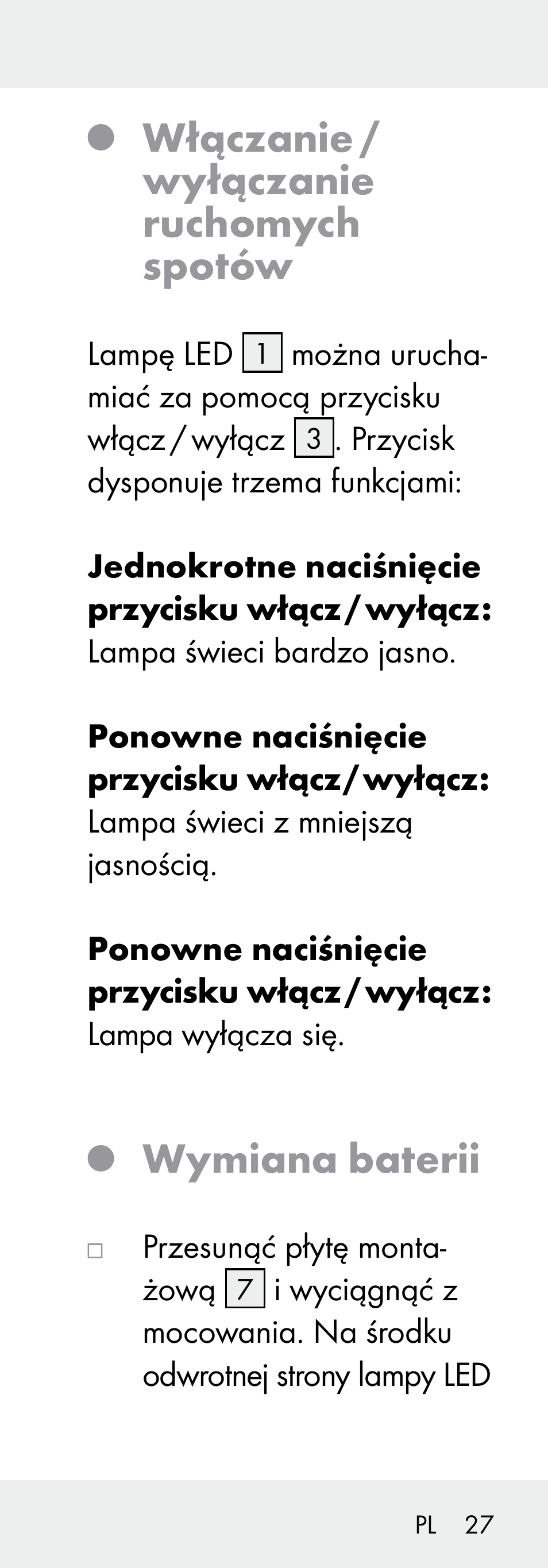 Włączanie / wyłączanie ruchomych spotów, Wymiana baterii | Livarno 102738-14-01/ 102738-14-02 User Manual | Page 27 / 104