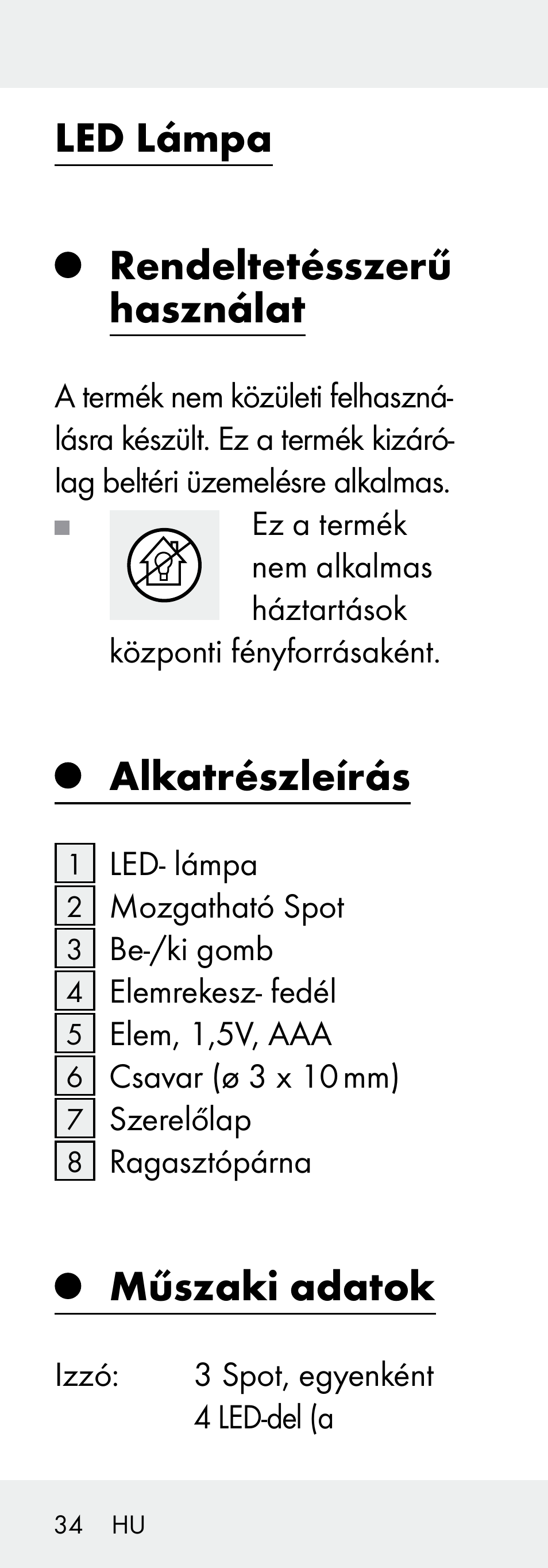 Led lámpa rendeltetésszerű használat, Alkatrészleírás, Műszaki adatok | Livarno 102738-14-01/ 102738-14-02 User Manual | Page 34 / 104