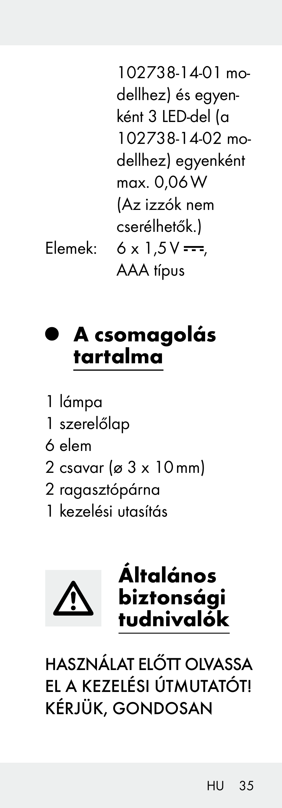 A csomagolás tartalma, Általános biztonsági tudnivalók | Livarno 102738-14-01/ 102738-14-02 User Manual | Page 35 / 104