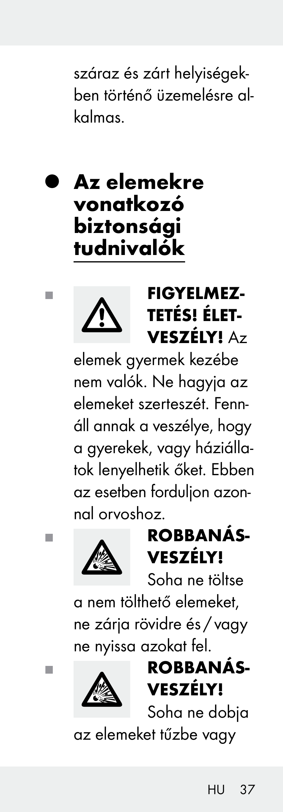 Az elemekre vonatkozó biztonsági tudnivalók | Livarno 102738-14-01/ 102738-14-02 User Manual | Page 37 / 104