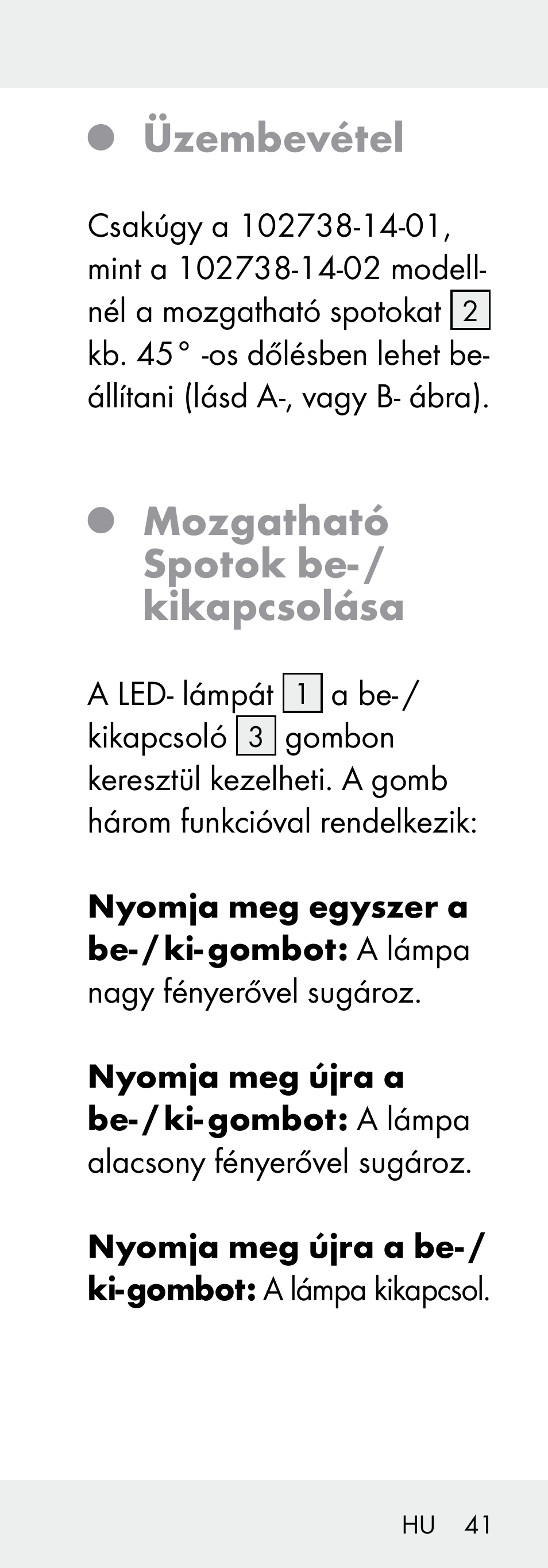 Üzembevétel, Mozgatható spotok be- / kikapcsolása | Livarno 102738-14-01/ 102738-14-02 User Manual | Page 41 / 104