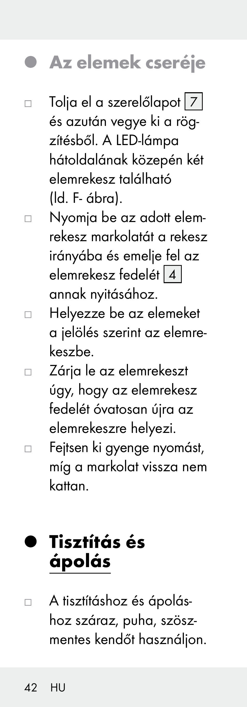 Az elemek cseréje, Tisztítás és ápolás | Livarno 102738-14-01/ 102738-14-02 User Manual | Page 42 / 104