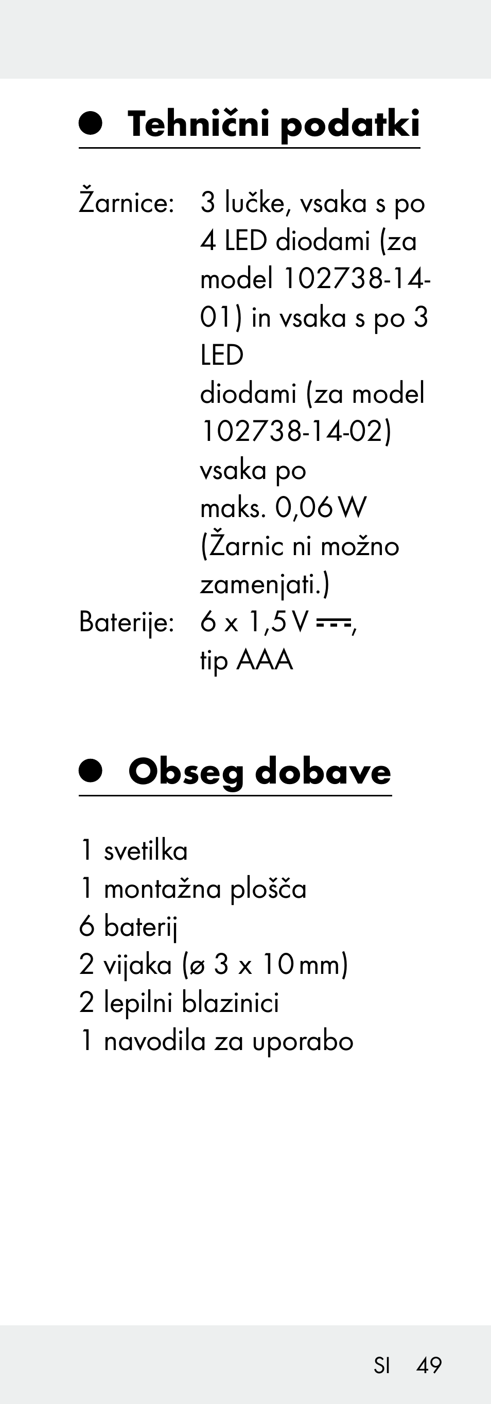 Tehnični podatki, Obseg dobave | Livarno 102738-14-01/ 102738-14-02 User Manual | Page 49 / 104