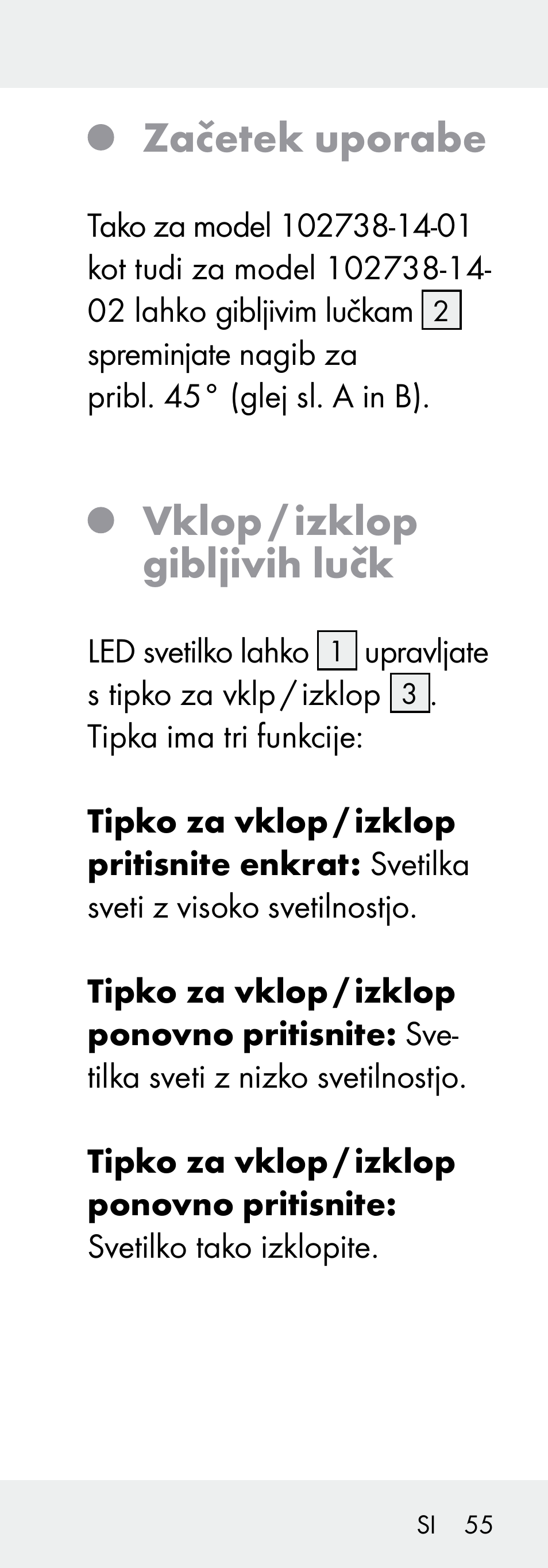 Začetek uporabe, Vklop / izklop gibljivih lučk | Livarno 102738-14-01/ 102738-14-02 User Manual | Page 55 / 104