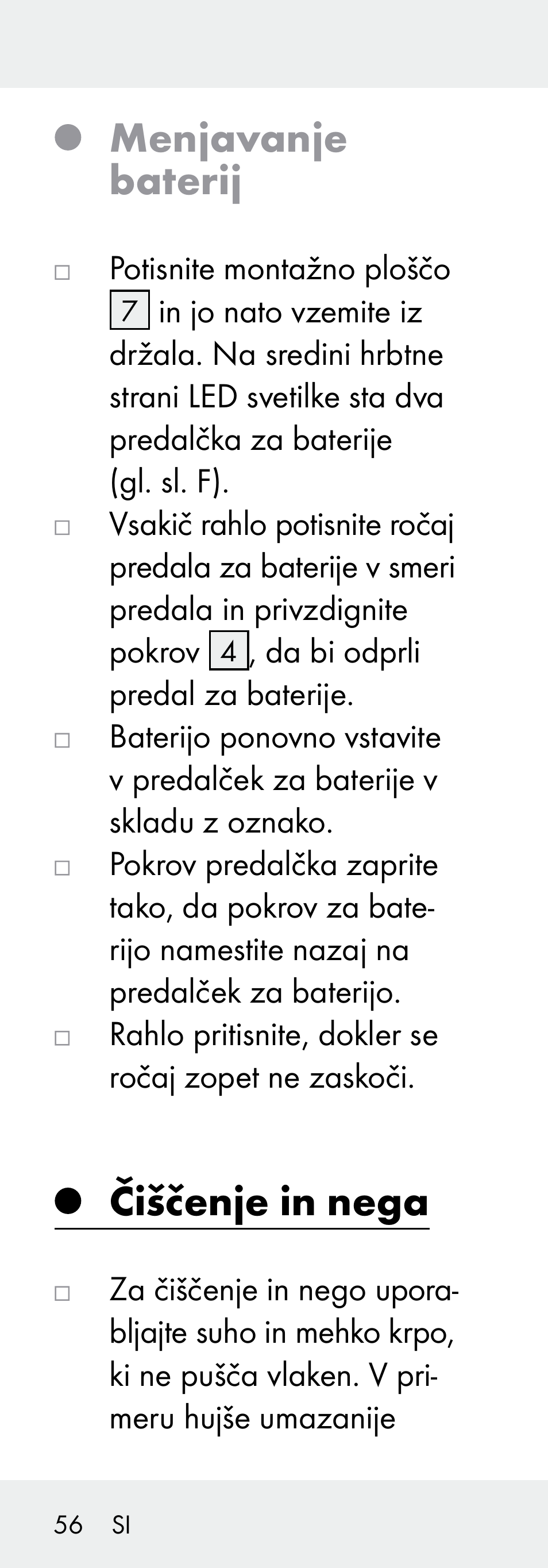 Menjavanje baterij, Čiščenje in nega | Livarno 102738-14-01/ 102738-14-02 User Manual | Page 56 / 104