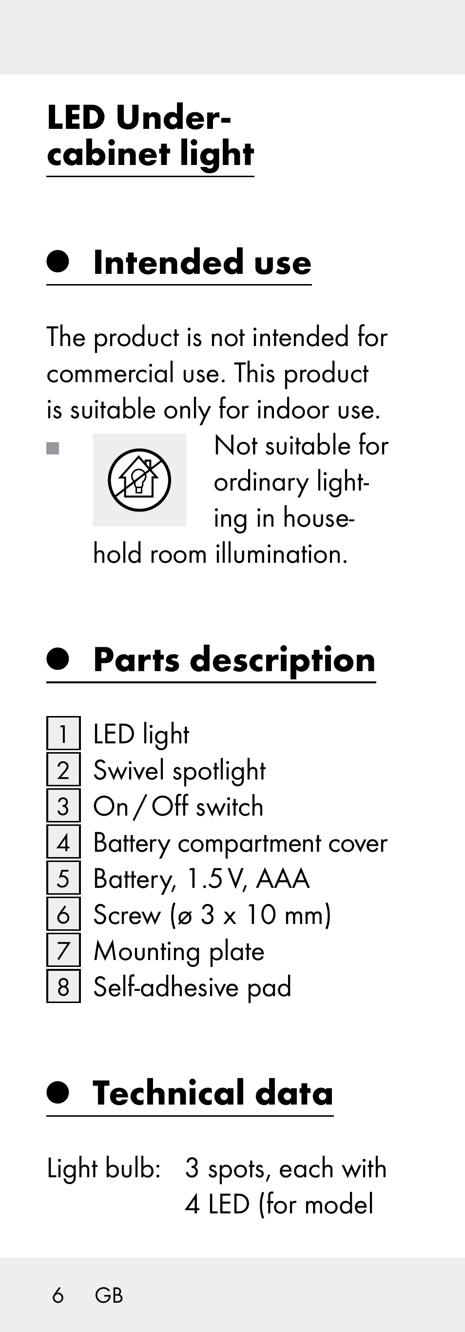 Led under- cabinet light intended use, Parts description, Technical data | Livarno 102738-14-01/ 102738-14-02 User Manual | Page 6 / 104