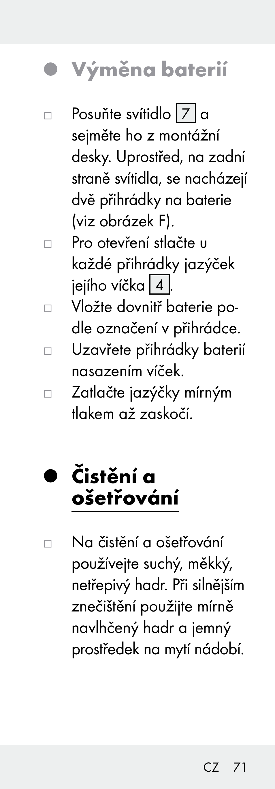 Výměna baterií, Čistění a ošetřování | Livarno 102738-14-01/ 102738-14-02 User Manual | Page 71 / 104