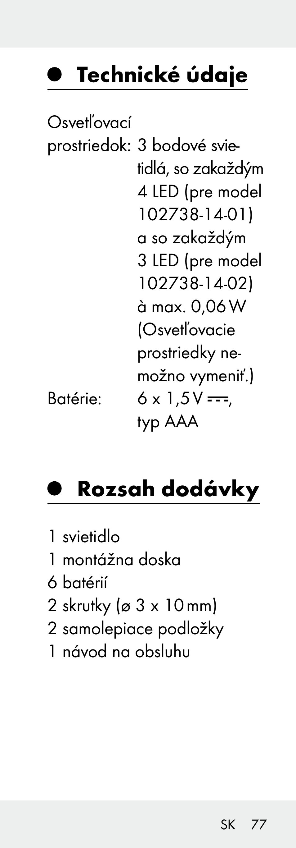 Technické údaje, Rozsah dodávky | Livarno 102738-14-01/ 102738-14-02 User Manual | Page 77 / 104