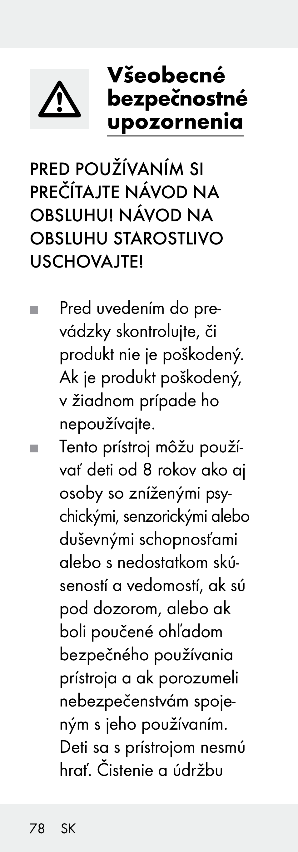 Všeobecné bezpečnostné upozornenia | Livarno 102738-14-01/ 102738-14-02 User Manual | Page 78 / 104