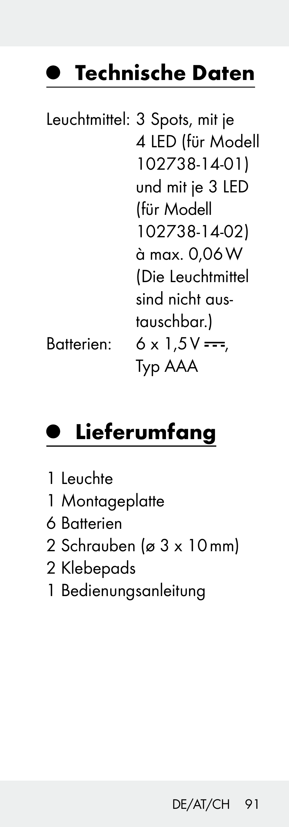 Technische daten, Lieferumfang | Livarno 102738-14-01/ 102738-14-02 User Manual | Page 91 / 104