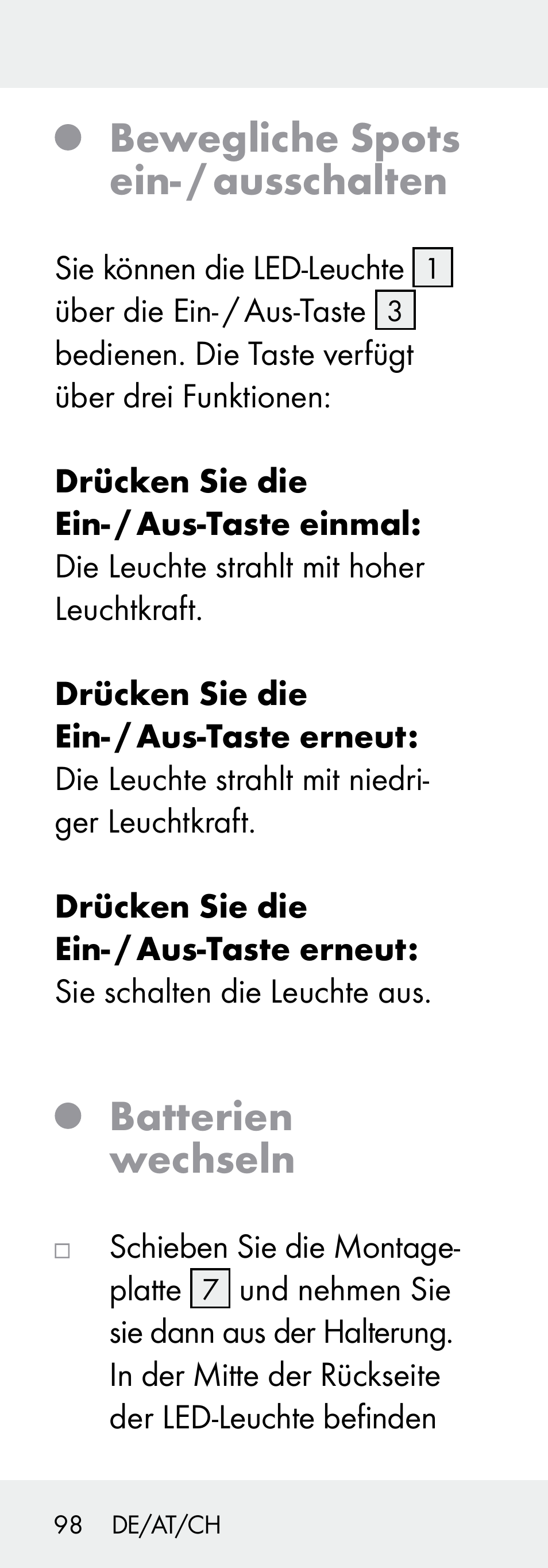 Bewegliche spots ein- / ausschalten, Batterien wechseln | Livarno 102738-14-01/ 102738-14-02 User Manual | Page 98 / 104