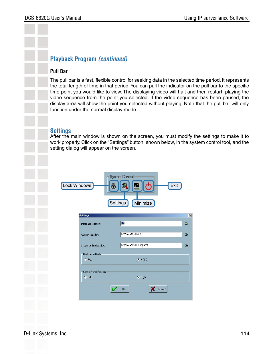 Playback program (continued), Settings | D-Link DCS-6620G User Manual | Page 114 / 145