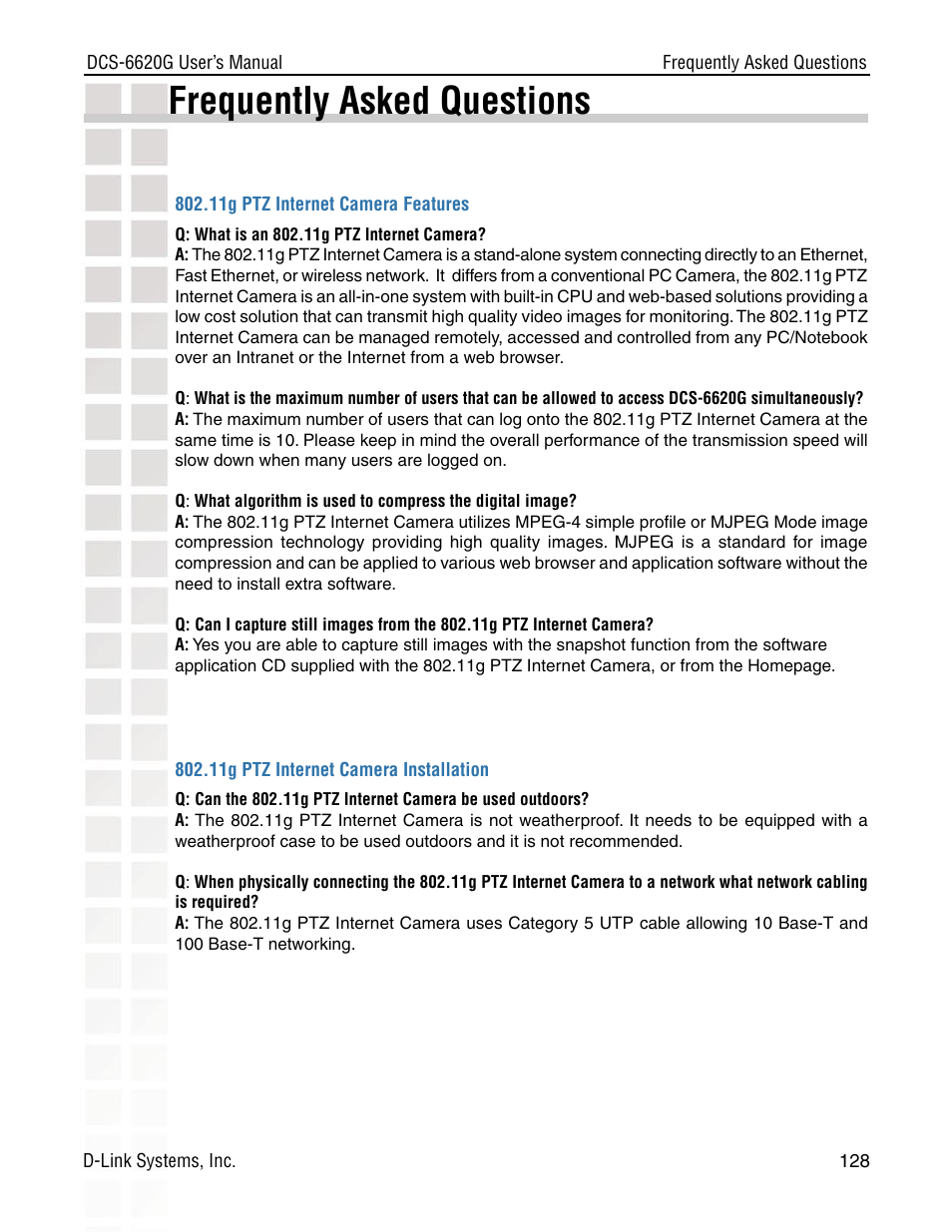 Frequently asked questions | D-Link DCS-6620G User Manual | Page 128 / 145