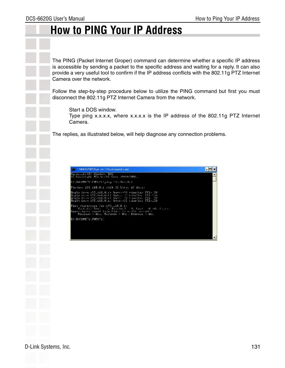 How to ping your ip address | D-Link DCS-6620G User Manual | Page 131 / 145