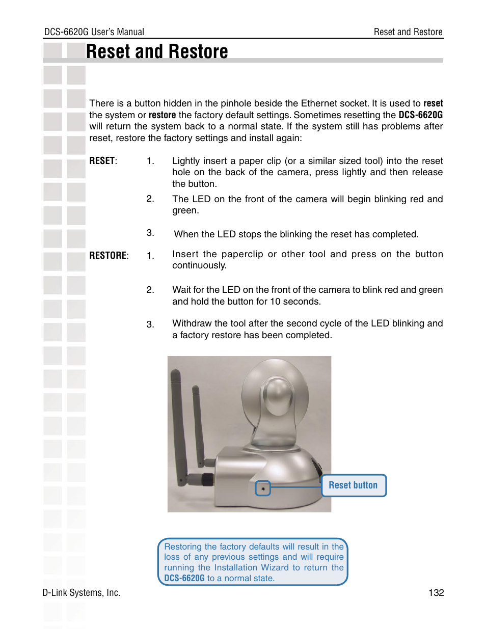 Reset and restore | D-Link DCS-6620G User Manual | Page 132 / 145