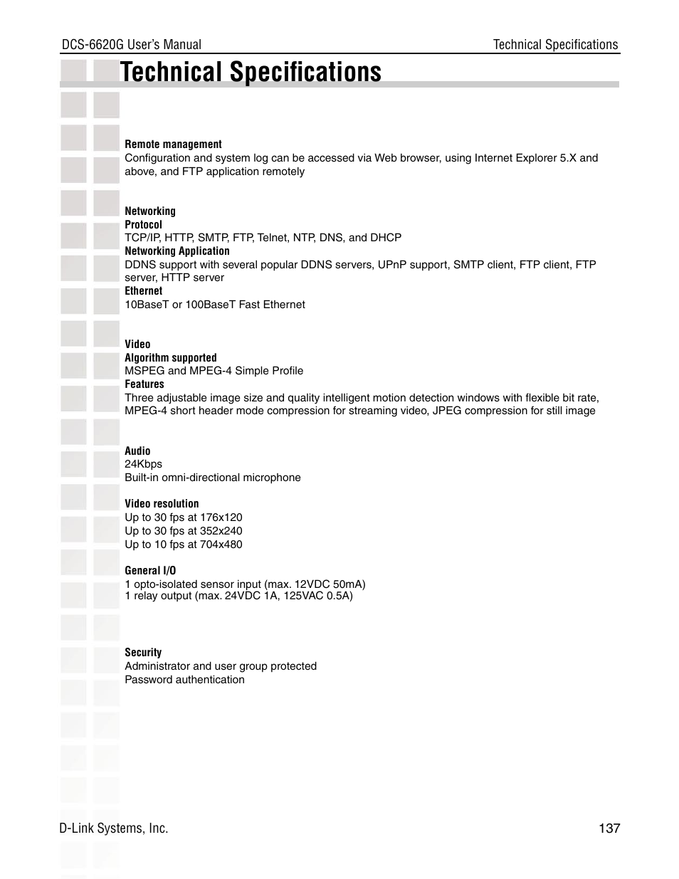 Technical speciﬁcations | D-Link DCS-6620G User Manual | Page 137 / 145