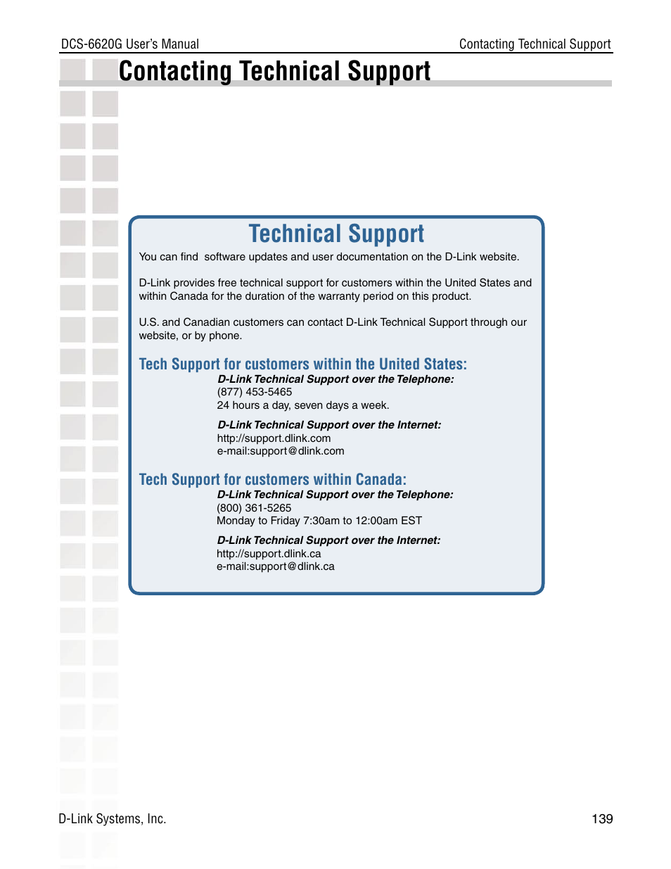 Contacting technical support, Technical support, Tech support for customers within canada | D-Link DCS-6620G User Manual | Page 139 / 145