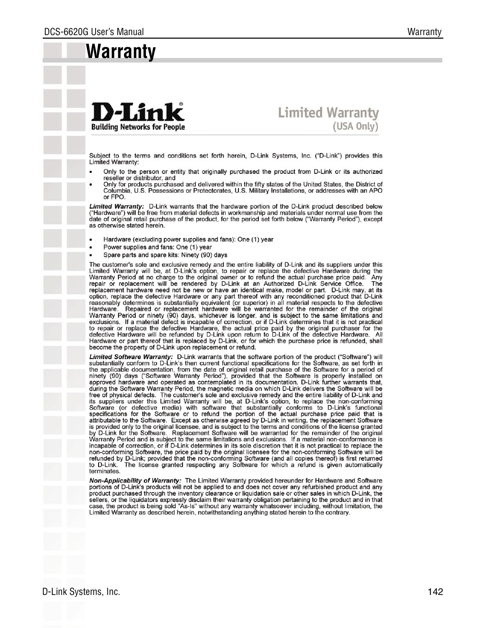 Warranty | D-Link DCS-6620G User Manual | Page 142 / 145