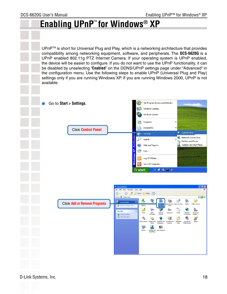 Enabling upnp for windows | D-Link DCS-6620G User Manual | Page 18 / 145