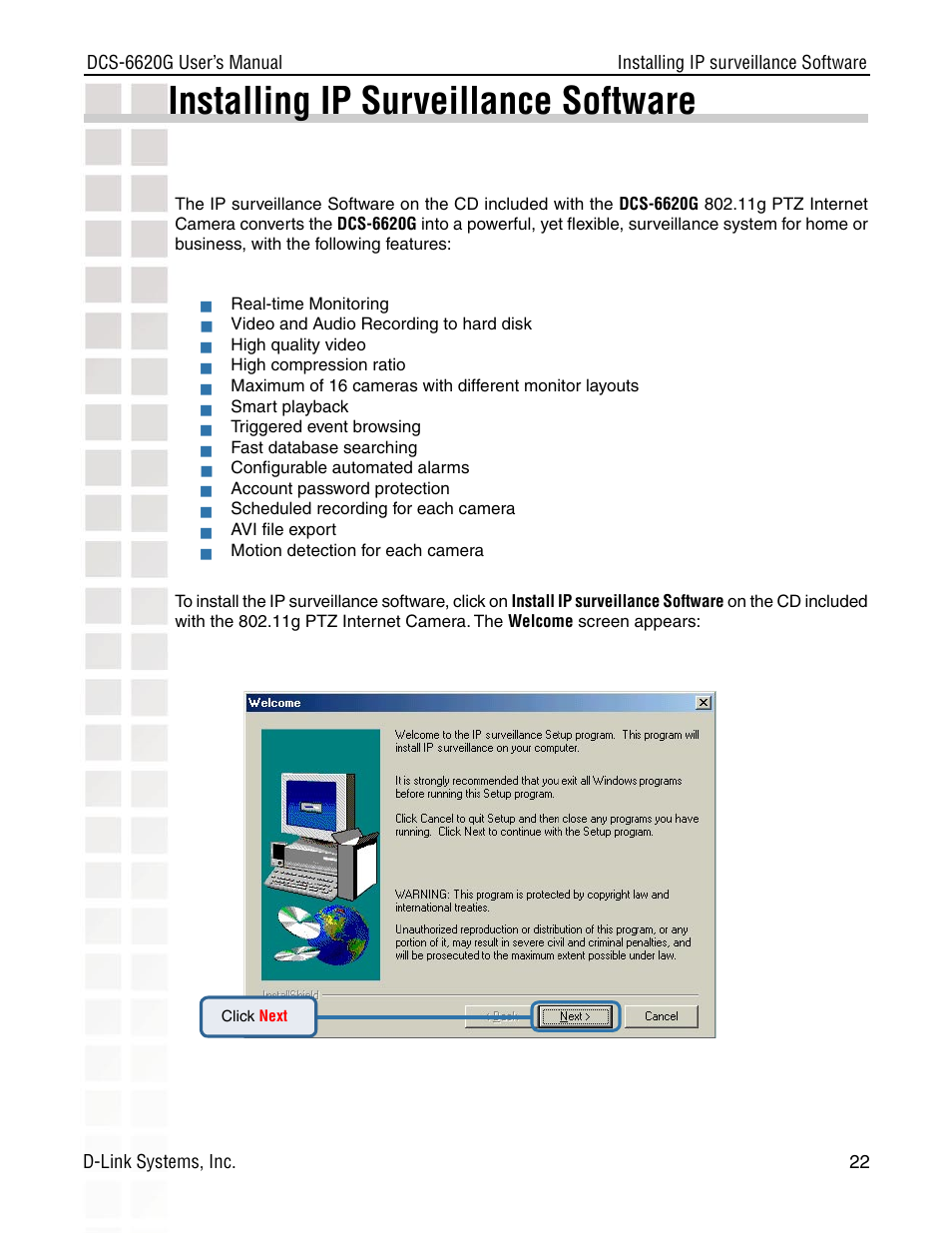 Installing ip surveillance software | D-Link DCS-6620G User Manual | Page 22 / 145