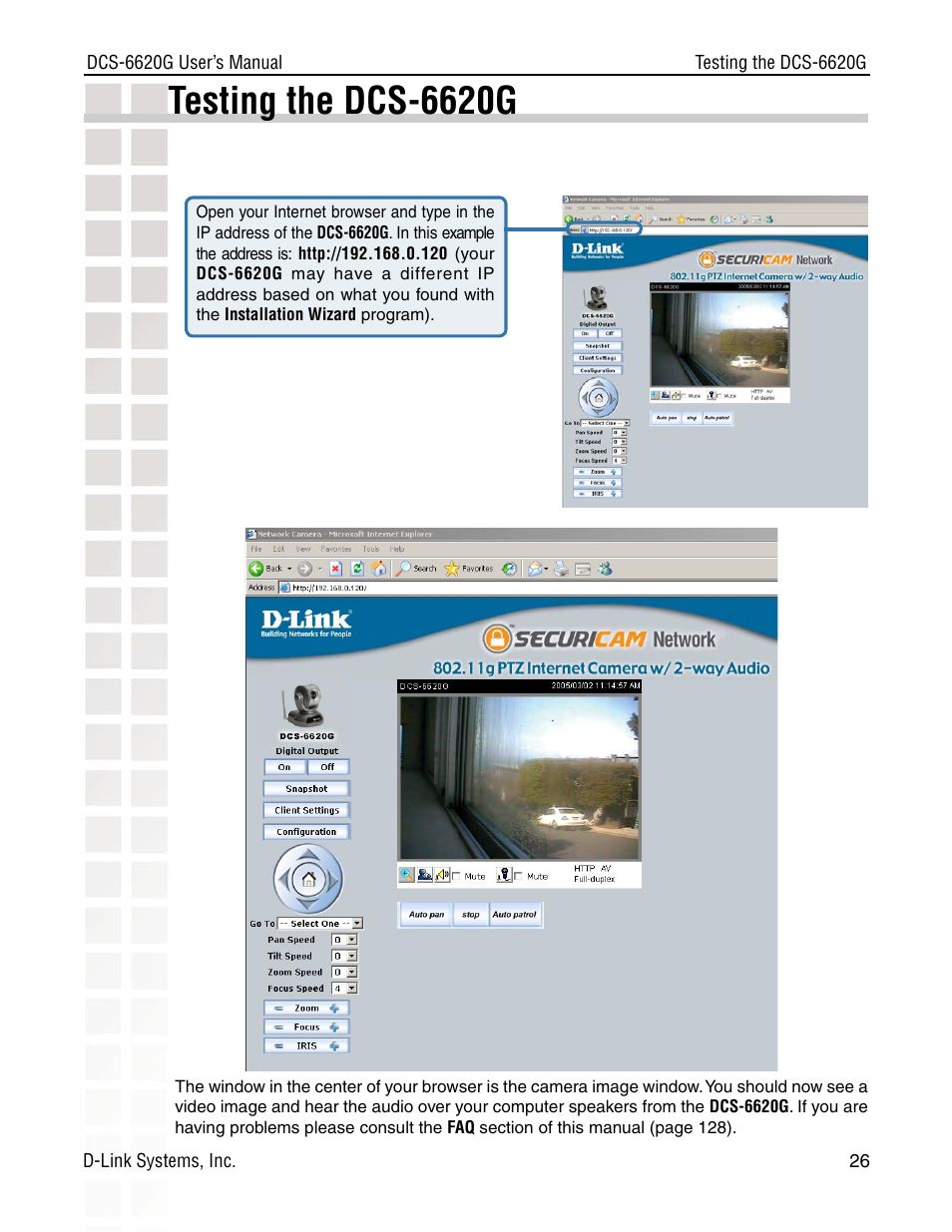 Testing the dcs-6620g | D-Link DCS-6620G User Manual | Page 26 / 145