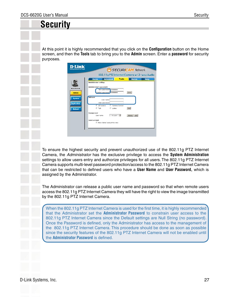 Security | D-Link DCS-6620G User Manual | Page 27 / 145