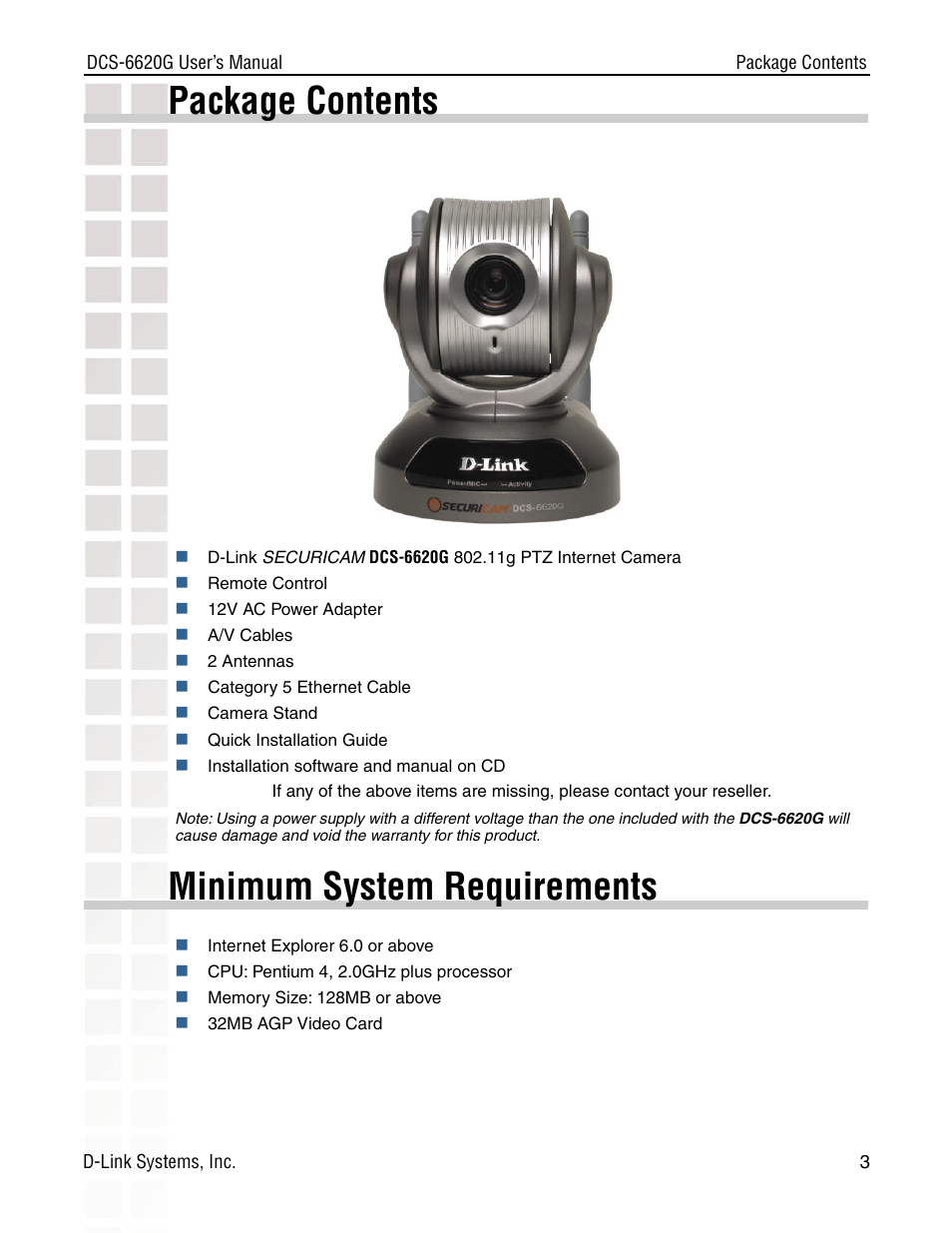 Package contents, Minimum system requirements | D-Link DCS-6620G User Manual | Page 3 / 145